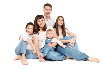 Family Studio Portrait, Happy Parents and Three Children on White Background
