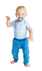 Baby Boy with Dummy full length portrait, Happy Kid Walking on White, Child One Year Old