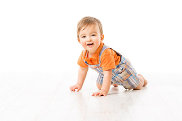 Crawling Baby, Infant Kid Crawl on white floor, Happy One year old Child