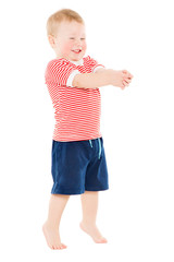 Baby Boy full length portrait, Happy Kid Standing on White Background, Funny Child One Year Old