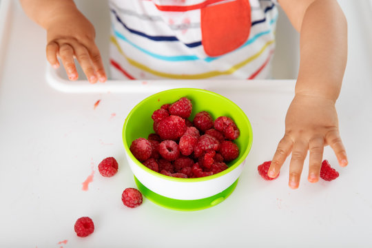 Close up of baby's hands touching strawberries in high chair