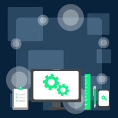 Business Concept PC Monitor Mobile Device Clipboard Ruler Ballpoint Pen Design business concept. Business ad for website and promotion banners. empty social media ad