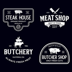 Set of Butcher Shop and Butchery hand written lettering logo, label, badge, emblem. Template for shop, cover, sticker, print, business works. Vintage retro style.