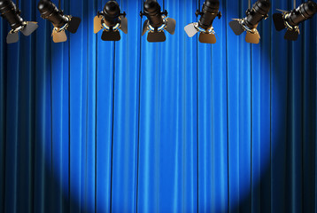 Blue curtains stage, theater background with spotlights. 3d illustration 