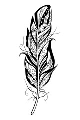 Decorative stylized feather on white background. Highly detailed ornate vector illustration doodling and zentangle style