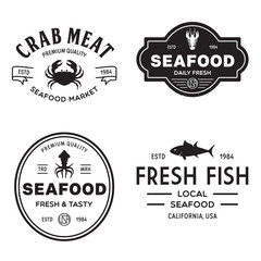 Seafood restaurant logos set vector illustration. Market and fisherman emblems, fishes and seafood silhouettes.