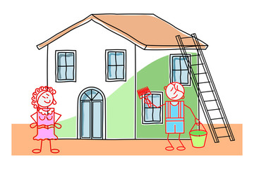 Man paints house with his hands while his satisfied wife watches him work - cartoon concept illustration
