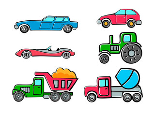 Fototapeta premium Set of several trucks and cars. Hand-drawn vector retro car, tractor, concrete mixer and truck. 