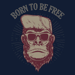 Born to be free. Monkey illustration on grunge background.  Design element for poster, t shirt, emblem, sign.