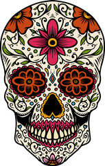 Hand drawn mexican sugar skull isolated on white background. Design element for poster, card, banner, t shirt, emblem, sign. Vector illustration