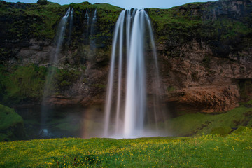 Seljalandsfoss on southern Iceland during sunset in the summer.