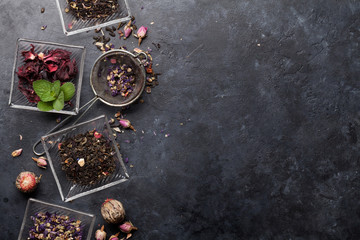 Fototapeta na wymiar Set of herbal and fruit dry teas