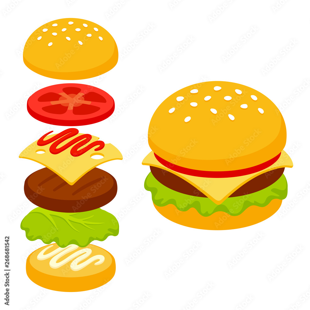 Wall mural Cartoon isometric burger icon