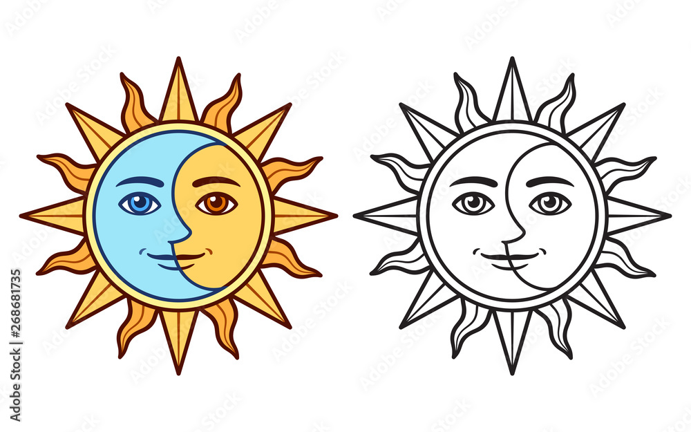 Wall mural stylized sun and moon