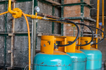 LPG gas tank stack ready for kiln in the ceramic factory. Gas oven for ceramic clay products in...