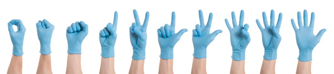 Right hand wearing latex surgical glove with gesture number from zero to five on wite background. Multiple images. Collage