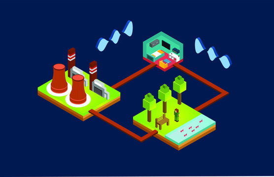 vector isomatic house with power plant and human