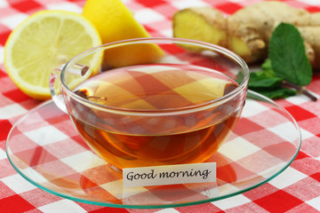 Good morning card with cup of tea, fresh mint, lemon and ginger