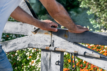 Man's hands opening or closing Rustic wooden gate of courtyard blooming garden. Summer day floral...