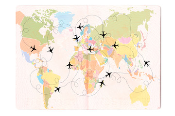 Silhouette of a passenger plane with dashed path lines in the Passport. World map, Travel concept. 3D illustration