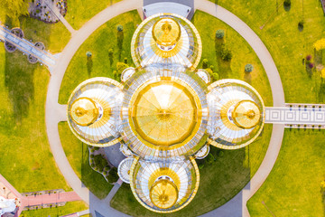 Golden domes of cathedral, aerial view. Faith concept