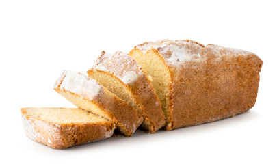Cheesecake in powdered sugar on a white, isolated.