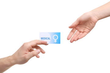 Man giving medical business card to girl isolated on white, closeup. Women's health service