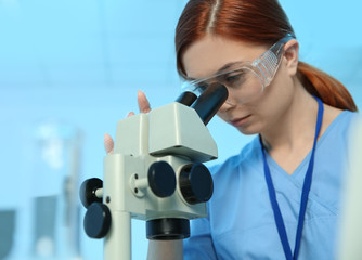 Female scientist using microscope in chemistry laboratory, space for text