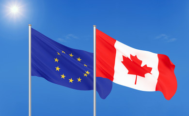 European Union vs Canada. Thick colored silky flags of European Union and Canada. 3D illustration on sky background. - Illustration