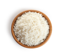 Bowl of tasty cooked rice on white background, top view