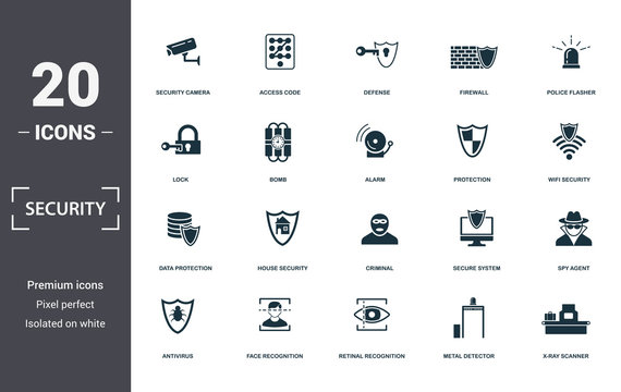 Security icons set collection. Includes simple elements such as Security Camera, Access Code, Deffense, Firewall, Police Flasher, House Security and Criminal premium icons