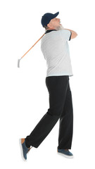 Senior man playing golf on white background
