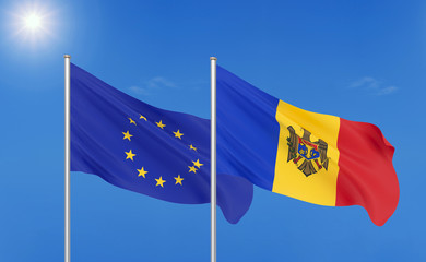 European Union vs Moldavia. Thick colored silky flags of European Union and Moldavia