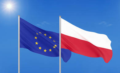 European Union vs Poland. Thick colored silky flags of European Union and Poland. 3D illustration on sky background. - Illustration