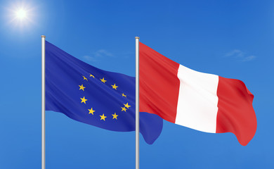 European Union vs Peru. Thick colored silky flags of European Union and Peru