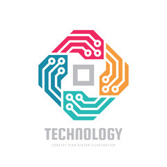 Technology logo design. Abstract electronic computer chip. Concept sign. Network block chain symbol.
