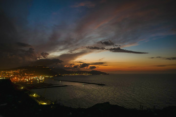 Beautiful panorama skyline view of sunset over the sea of city Oran in Algeria