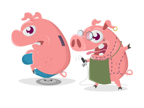 crazy cartoon pig is getting a piggy bank tattoo