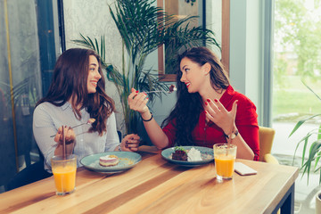 Two female friends enjoying coffee and cake together in a cafe