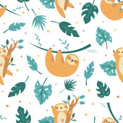 Seamless pattern of cute sloths in exotic jungles