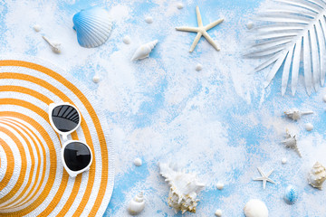 Summer holiday concepts with colorful hat on decoration of beach in abstract Style.Tropical banner background with copy space