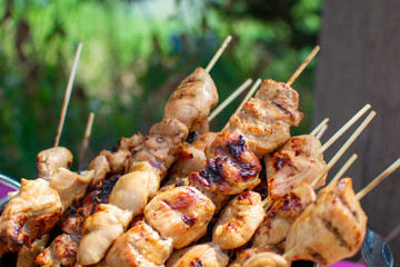 Chicken meat skewers barbecue fresh and tasty closeup
