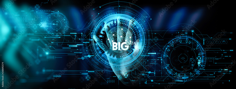 Poster Big data world and globe icon ui with hand selecting and pressing Big Data symbol and modern interface.