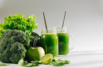 Healthy breakfast with green smoothie. Detox and diet  concept. Vegetarian food.