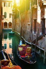 Venice, Italy. Gondolas in a romantic narrow canal