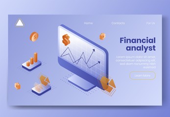 Digital isometric design concept set-financial analyst app 3d icons.Isometric business analysis financial analytics infographics,graphs,dollar coin,diagram on landing page banner web online concept