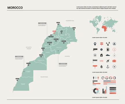 Vector map of Morocco. Country map with division, cities and capital Rabat. Political map,  world map, infographic elements.