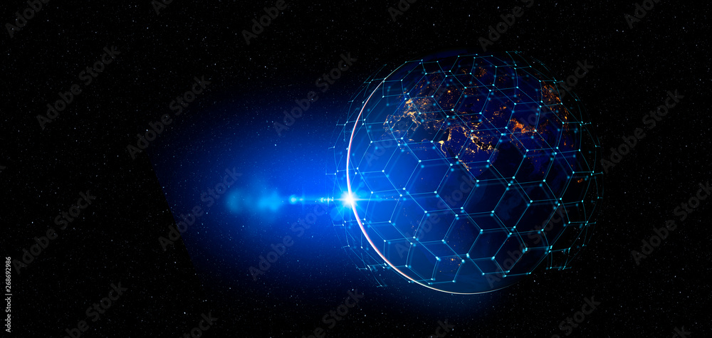 Poster Communication technology for internet business. Global world network and telecommunication on earth cryptocurrency and blockchain and IoT. Elements of this image furnished by NASA