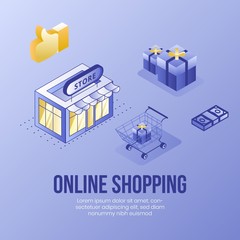 Digital isometric design concept set of online shopping app 3d icons.Isometric business finance symbols-store,package boxes,shopping cart,money,thumb up icons on landing page banner web online concept