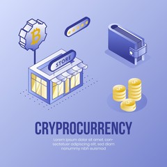 Digital isometric design concept set of financial cryptocurrency app 3d icons.Isometric business financial symbols-store shop,dollar coins,wallet,bitcoin on landing page banner web online concept
